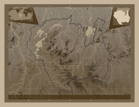 Photo for Sipaliwini, district of Suriname. Elevation map colored in sepia tones with lakes and rivers. Locations of major cities of the region. Corner auxiliary location maps - Royalty Free Image