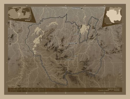 Photo for Sipaliwini, district of Suriname. Elevation map colored in sepia tones with lakes and rivers. Locations and names of major cities of the region. Corner auxiliary location maps - Royalty Free Image
