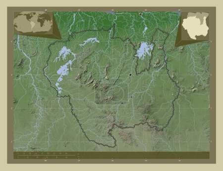 Foto de Sipaliwini, distrito de Surinam. Mapa de elevación coloreado en estilo wiki con lagos y ríos. Ubicaciones de las principales ciudades de la región. Mapas de ubicación auxiliares de esquina - Imagen libre de derechos
