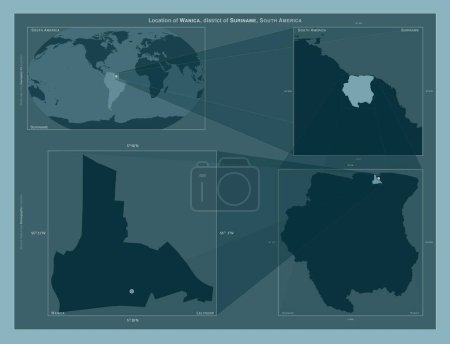 Foto de Wanica, distrito de Surinam. Diagrama que muestra la ubicación de la región en mapas a gran escala. Composición de marcos vectoriales y formas PNG sobre un fondo sólido - Imagen libre de derechos