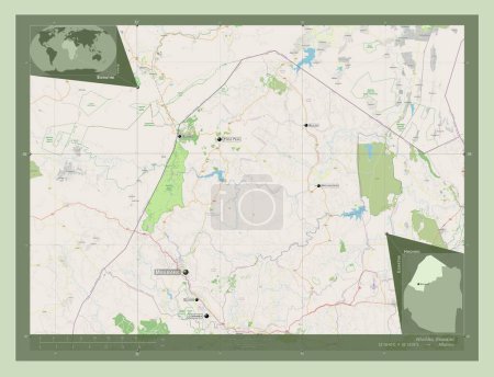 Téléchargez les photos : Hhohho, district d'Eswatini. Ouvrir la carte routière. Emplacements et noms des grandes villes de la région. Corner cartes de localisation auxiliaires - en image libre de droit