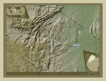Photo for Hhohho, district of Eswatini. Elevation map colored in wiki style with lakes and rivers. Locations and names of major cities of the region. Corner auxiliary location maps - Royalty Free Image