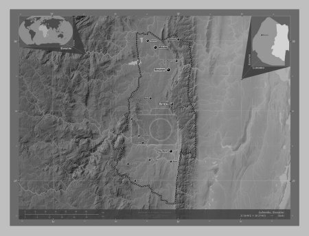 Téléchargez les photos : Lubombo, district of Eswatini. Grayscale elevation map with lakes and rivers. Locations and names of major cities of the region. Corner auxiliary location maps - en image libre de droit