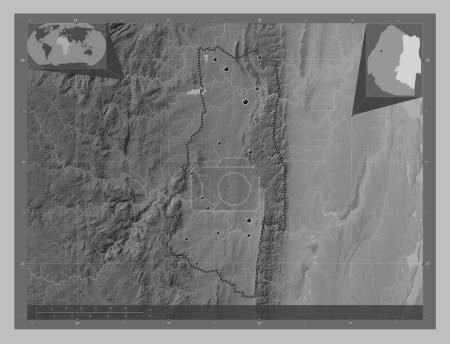 Téléchargez les photos : Lubombo, district of Eswatini. Grayscale elevation map with lakes and rivers. Locations of major cities of the region. Corner auxiliary location maps - en image libre de droit