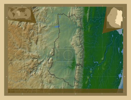 Photo for Lubombo, district of Eswatini. Colored elevation map with lakes and rivers. Corner auxiliary location maps - Royalty Free Image