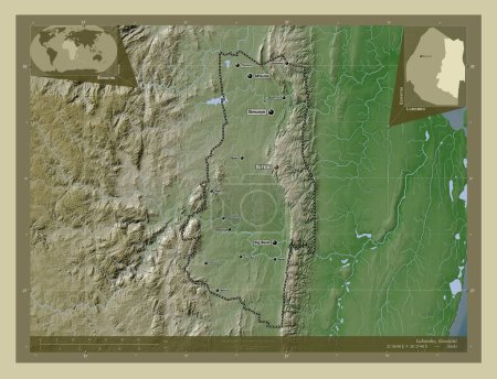 Téléchargez les photos : Lubombo, district of Eswatini. Elevation map colored in wiki style with lakes and rivers. Locations and names of major cities of the region. Corner auxiliary location maps - en image libre de droit