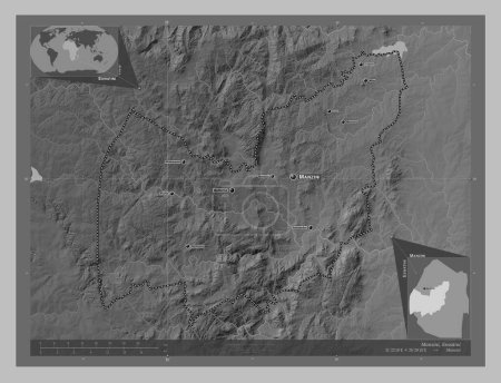 Photo for Manzini, district of Eswatini. Grayscale elevation map with lakes and rivers. Locations and names of major cities of the region. Corner auxiliary location maps - Royalty Free Image