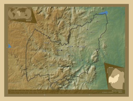 Photo for Manzini, district of Eswatini. Colored elevation map with lakes and rivers. Locations and names of major cities of the region. Corner auxiliary location maps - Royalty Free Image