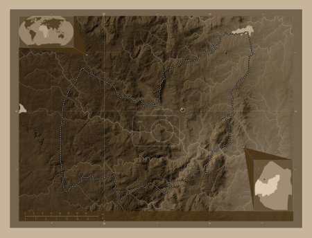 Photo for Manzini, district of Eswatini. Elevation map colored in sepia tones with lakes and rivers. Corner auxiliary location maps - Royalty Free Image