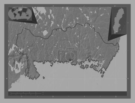 Téléchargez les photos : Blekinge, county of Sweden. Bilevel elevation map with lakes and rivers. Corner auxiliary location maps - en image libre de droit
