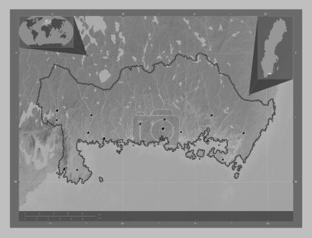 Téléchargez les photos : Blekinge, comté de Suède. Carte d'altitude en niveaux de gris avec lacs et rivières. Emplacements des grandes villes de la région. Corner cartes de localisation auxiliaires - en image libre de droit