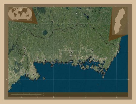 Téléchargez les photos : Blekinge, comté de Suède. Carte satellite basse résolution. Emplacements des grandes villes de la région. Corner cartes de localisation auxiliaires - en image libre de droit