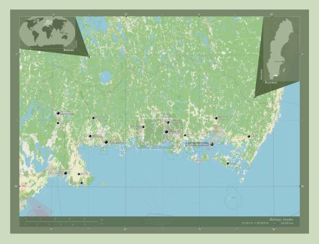 Téléchargez les photos : Blekinge, county of Sweden. Open Street Map. Locations and names of major cities of the region. Corner auxiliary location maps - en image libre de droit