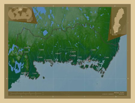 Téléchargez les photos : Blekinge, comté de Suède. Carte d'altitude colorée avec lacs et rivières. Emplacements et noms des grandes villes de la région. Corner cartes de localisation auxiliaires - en image libre de droit