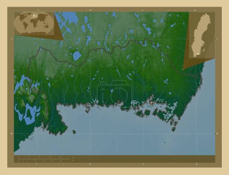 Téléchargez les photos : Blekinge, county of Sweden. Colored elevation map with lakes and rivers. Corner auxiliary location maps - en image libre de droit