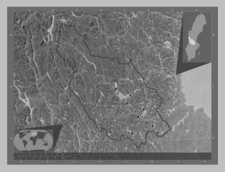 Téléchargez les photos : Dalarna, county of Sweden. Grayscale elevation map with lakes and rivers. Locations of major cities of the region. Corner auxiliary location maps - en image libre de droit