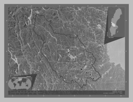 Téléchargez les photos : Dalarna, county of Sweden. Grayscale elevation map with lakes and rivers. Locations and names of major cities of the region. Corner auxiliary location maps - en image libre de droit