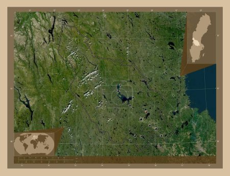 Téléchargez les photos : Dalarna, comté de Suède. Carte satellite basse résolution. Emplacements des grandes villes de la région. Corner cartes de localisation auxiliaires - en image libre de droit