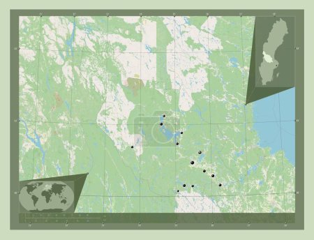 Téléchargez les photos : Dalarna, county of Sweden. Open Street Map. Locations of major cities of the region. Corner auxiliary location maps - en image libre de droit