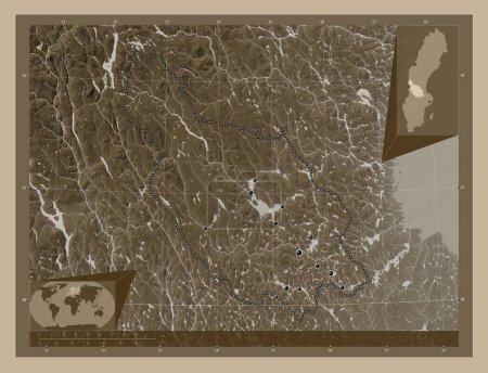 Téléchargez les photos : Dalarna, comté de Suède. Carte d'altitude colorée dans des tons sépia avec des lacs et des rivières. Emplacements des grandes villes de la région. Corner cartes de localisation auxiliaires - en image libre de droit
