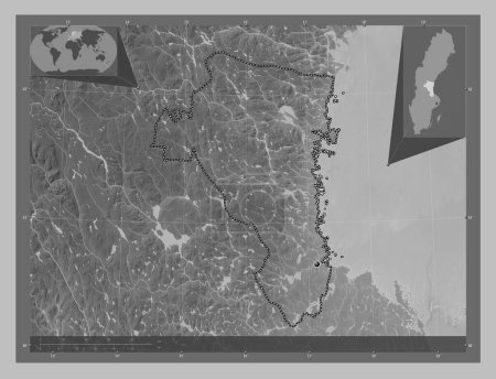 Téléchargez les photos : Gavleborg, county of Sweden. Grayscale elevation map with lakes and rivers. Corner auxiliary location maps - en image libre de droit