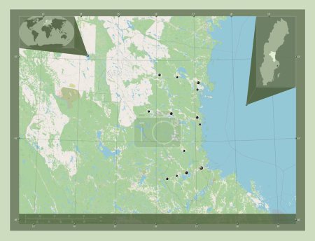 Téléchargez les photos : Gavleborg, county of Sweden. Open Street Map. Locations of major cities of the region. Corner auxiliary location maps - en image libre de droit