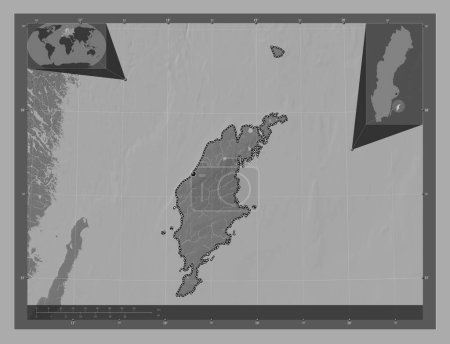 Téléchargez les photos : Gotland, comté de Suède. Carte d'altitude de Bilevel avec lacs et rivières. Corner cartes de localisation auxiliaires - en image libre de droit
