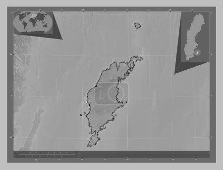 Foto de Gotland, county of Sweden. Grayscale elevation map with lakes and rivers. Corner auxiliary location maps - Imagen libre de derechos