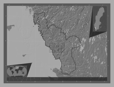 Foto de Halland, county of Sweden. Bilevel elevation map with lakes and rivers. Locations of major cities of the region. Corner auxiliary location maps - Imagen libre de derechos