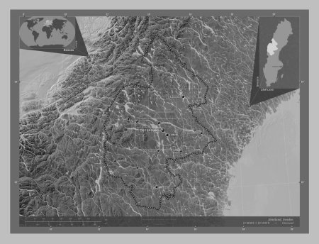 Photo for Jamtland, county of Sweden. Grayscale elevation map with lakes and rivers. Locations and names of major cities of the region. Corner auxiliary location maps - Royalty Free Image