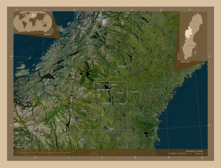 Foto de Jamtland, condado de Suecia. Mapa satelital de baja resolución. Ubicaciones y nombres de las principales ciudades de la región. Mapas de ubicación auxiliares de esquina - Imagen libre de derechos