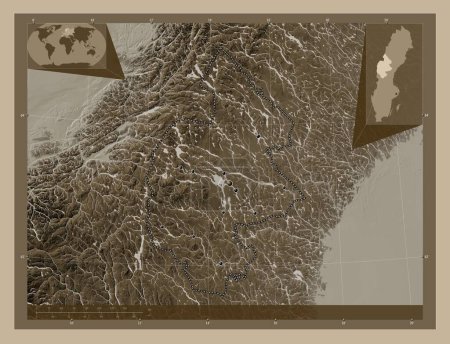 Photo for Jamtland, county of Sweden. Elevation map colored in sepia tones with lakes and rivers. Locations of major cities of the region. Corner auxiliary location maps - Royalty Free Image