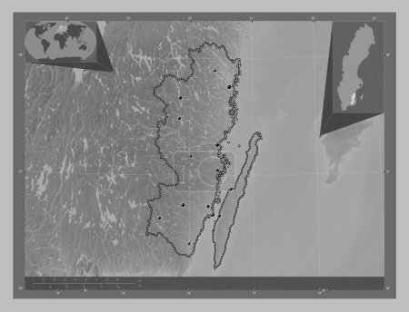 Foto de Kalmar, county of Sweden. Grayscale elevation map with lakes and rivers. Locations of major cities of the region. Corner auxiliary location maps - Imagen libre de derechos