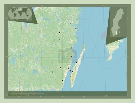Téléchargez les photos : Kalmar, county of Sweden. Open Street Map. Locations of major cities of the region. Corner auxiliary location maps - en image libre de droit