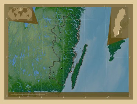 Foto de Kalmar, condado de Suecia. Mapa de elevación de colores con lagos y ríos. Ubicaciones de las principales ciudades de la región. Mapas de ubicación auxiliares de esquina - Imagen libre de derechos