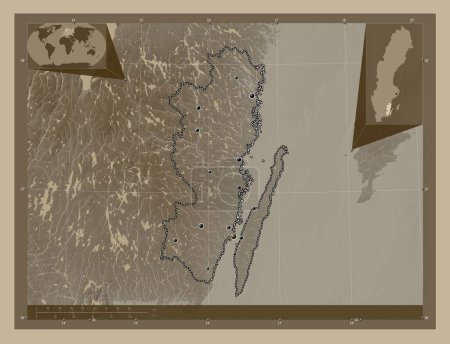 Foto de Kalmar, condado de Suecia. Mapa de elevación coloreado en tonos sepia con lagos y ríos. Ubicaciones de las principales ciudades de la región. Mapas de ubicación auxiliares de esquina - Imagen libre de derechos