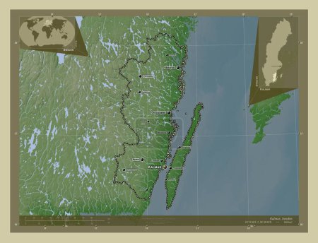 Foto de Kalmar, condado de Suecia. Mapa de elevación coloreado en estilo wiki con lagos y ríos. Ubicaciones y nombres de las principales ciudades de la región. Mapas de ubicación auxiliares de esquina - Imagen libre de derechos