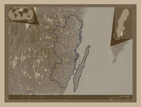 Foto de Kalmar, county of Sweden. Elevation map colored in sepia tones with lakes and rivers. Locations and names of major cities of the region. Corner auxiliary location maps - Imagen libre de derechos