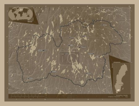 Téléchargez les photos : Kronoberg, comté de Suède. Carte d'altitude colorée dans des tons sépia avec des lacs et des rivières. Emplacements et noms des grandes villes de la région. Corner cartes de localisation auxiliaires - en image libre de droit
