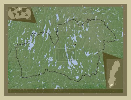 Téléchargez les photos : Kronoberg, comté de Suède. Carte d'altitude colorée dans le style wiki avec des lacs et des rivières. Corner cartes de localisation auxiliaires - en image libre de droit