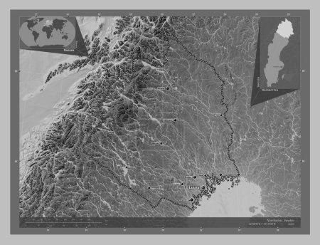 Foto de Norrbotten, county of Sweden. Grayscale elevation map with lakes and rivers. Locations and names of major cities of the region. Corner auxiliary location maps - Imagen libre de derechos