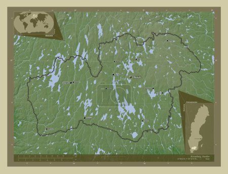 Téléchargez les photos : Kronoberg, comté de Suède. Carte d'altitude colorée dans le style wiki avec des lacs et des rivières. Emplacements et noms des grandes villes de la région. Corner cartes de localisation auxiliaires - en image libre de droit