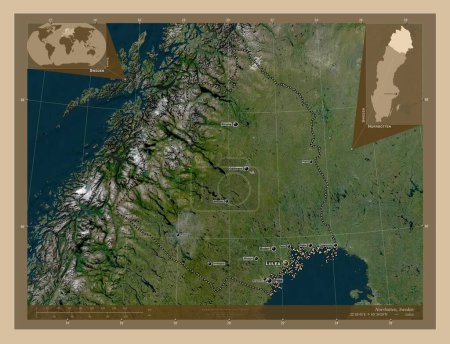 Foto de Norrbotten, county of Sweden. Low resolution satellite map. Locations and names of major cities of the region. Corner auxiliary location maps - Imagen libre de derechos