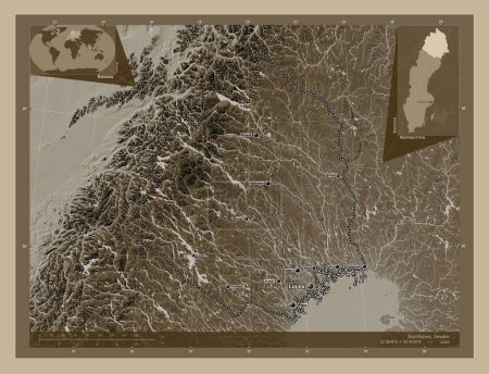 Photo for Norrbotten, county of Sweden. Elevation map colored in sepia tones with lakes and rivers. Locations and names of major cities of the region. Corner auxiliary location maps - Royalty Free Image