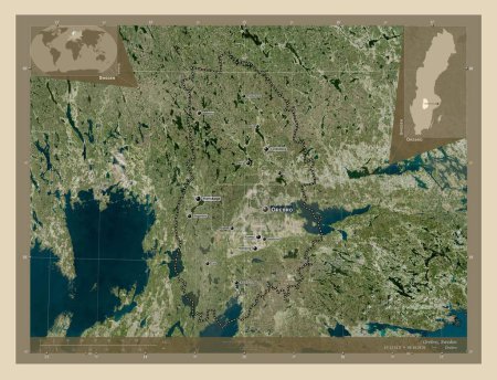 Foto de Orebro, county of Sweden. High resolution satellite map. Locations and names of major cities of the region. Corner auxiliary location maps - Imagen libre de derechos