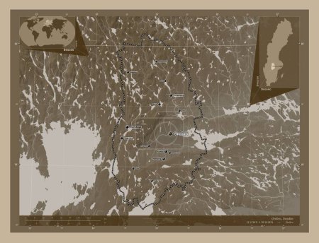 Téléchargez les photos : Orebro, comté de Suède. Carte d'altitude colorée dans des tons sépia avec des lacs et des rivières. Emplacements et noms des grandes villes de la région. Corner cartes de localisation auxiliaires - en image libre de droit