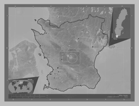 Téléchargez les photos : Skane, county of Sweden. Grayscale elevation map with lakes and rivers. Locations and names of major cities of the region. Corner auxiliary location maps - en image libre de droit