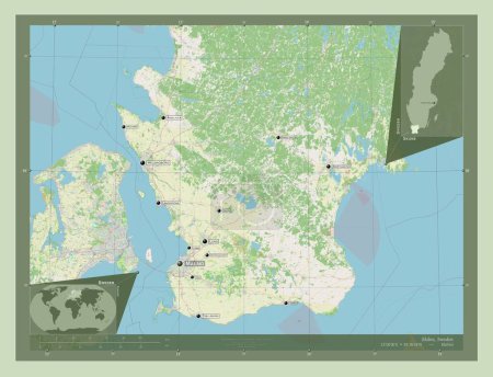 Photo for Skane, county of Sweden. Open Street Map. Locations and names of major cities of the region. Corner auxiliary location maps - Royalty Free Image