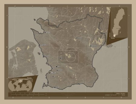 Photo for Skane, county of Sweden. Elevation map colored in sepia tones with lakes and rivers. Locations and names of major cities of the region. Corner auxiliary location maps - Royalty Free Image