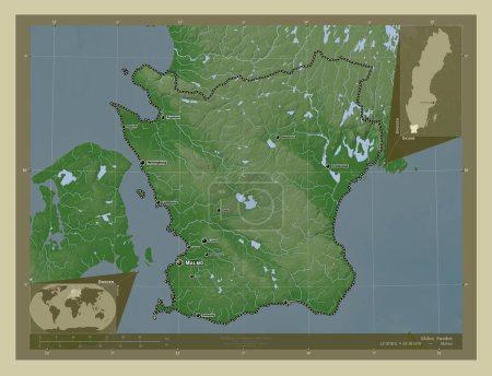 Téléchargez les photos : Skane, comté de Suède. Carte d'altitude colorée dans le style wiki avec des lacs et des rivières. Emplacements et noms des grandes villes de la région. Corner cartes de localisation auxiliaires - en image libre de droit